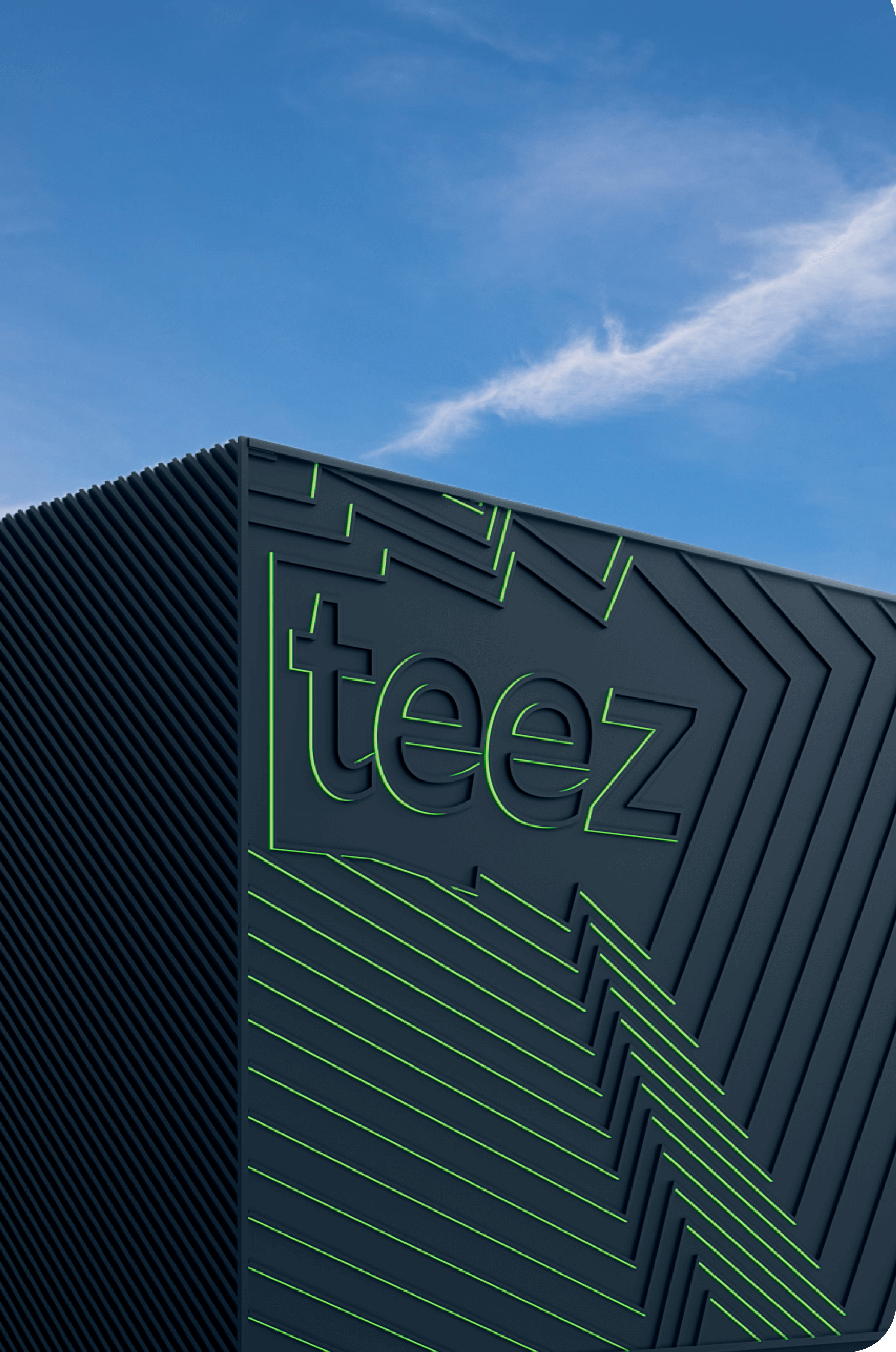 Image of teez black box with green teez logo in foreground and sky in background